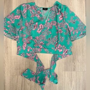 Topshop Teal and Pink Floral Wrap Blouse